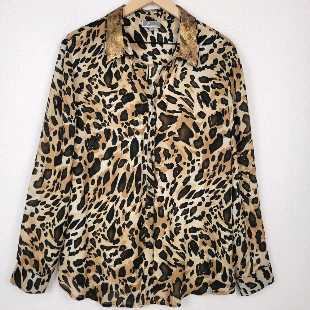 JM‎ Collection Leopard Print Blouse Plus 18 Gold Sequin Collar Mob Wife Luxe Top